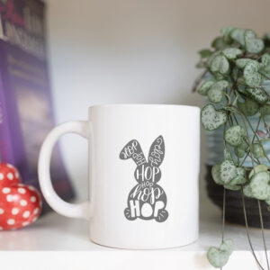 grey easter bunny on white mug